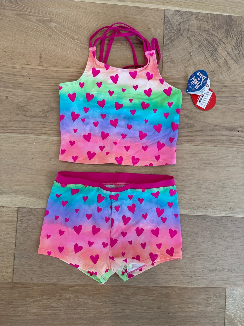 NWT Hatley Girls Rainbow Heart Tankini Set - Pink, Blue, Green size 12